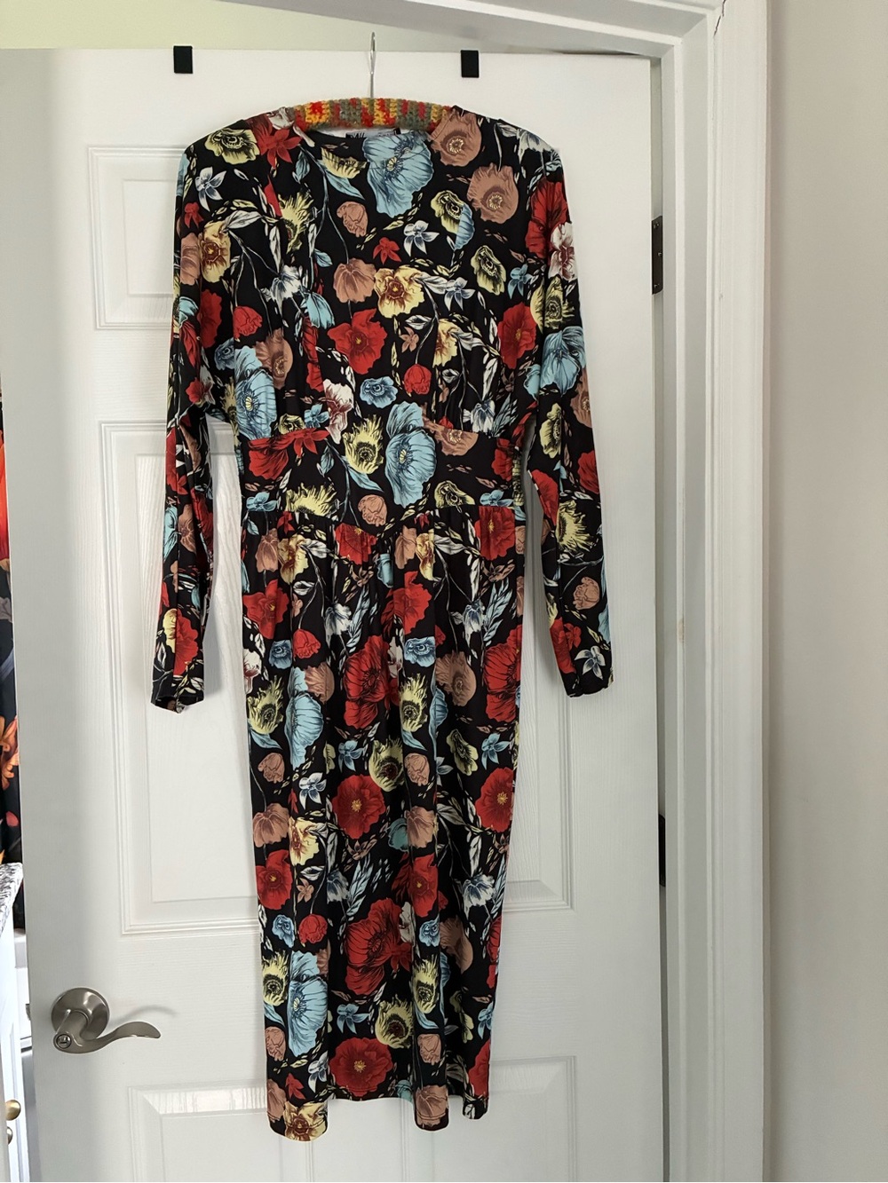 Zara Black Floral Long-Sleeve Midi Dress - Red, Blue, Yellow, Cream, Brown